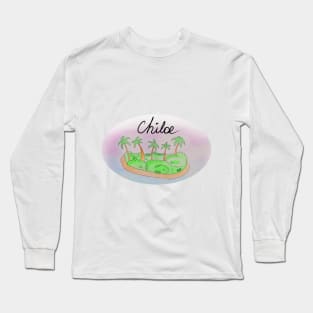 Chiloe watercolor Island travel, beach, sea and palm trees. Holidays and rest, summer and relaxation Long Sleeve T-Shirt